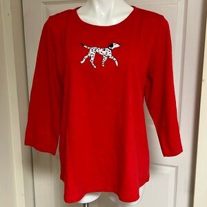 Talbots 100% Cotton Red Tee Shirt Valentine Dalmatian Dog Beaded Collar XLP